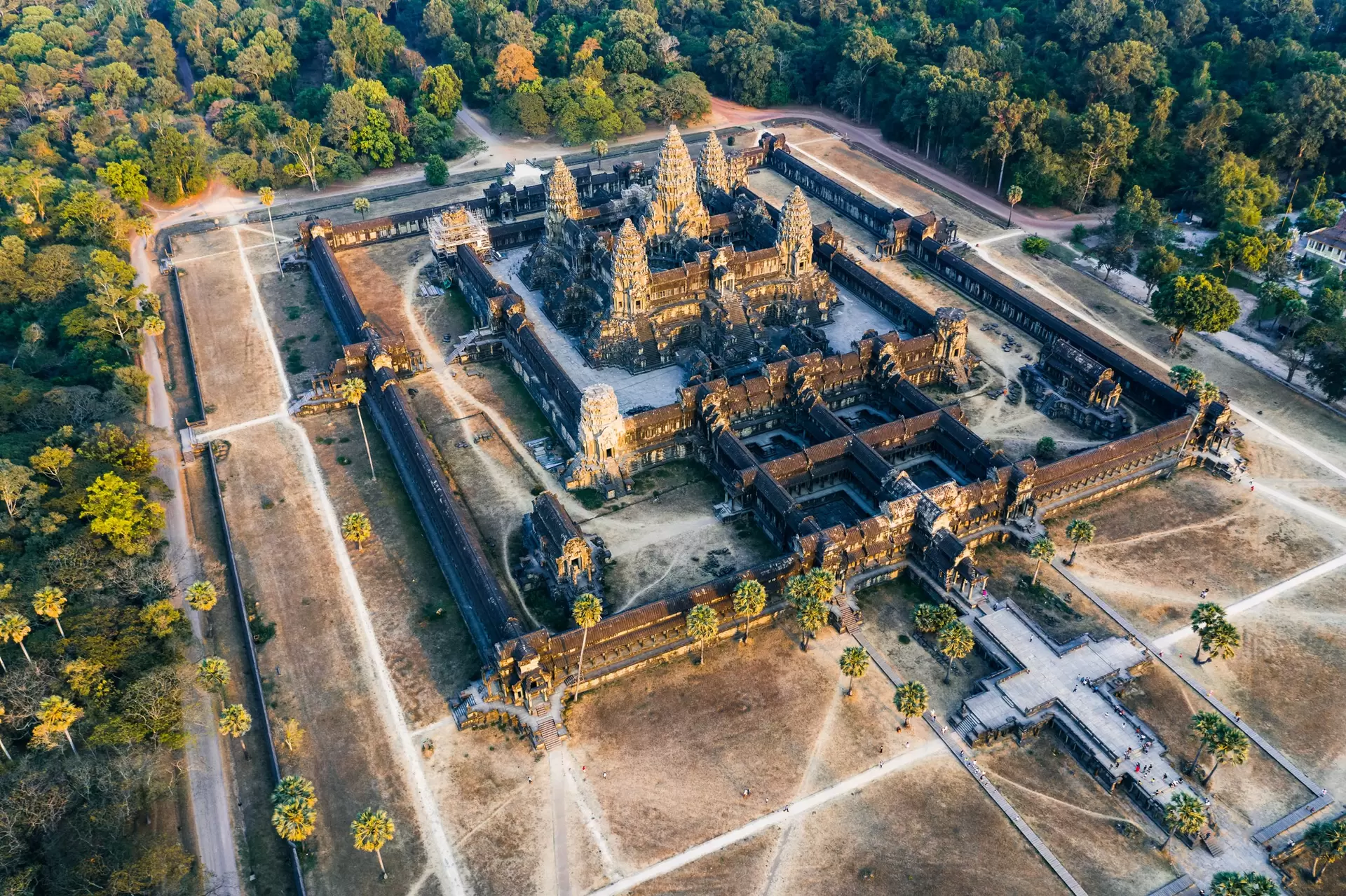 Aerial view of Angkor Wat surrounded by the Cambodian jungle
