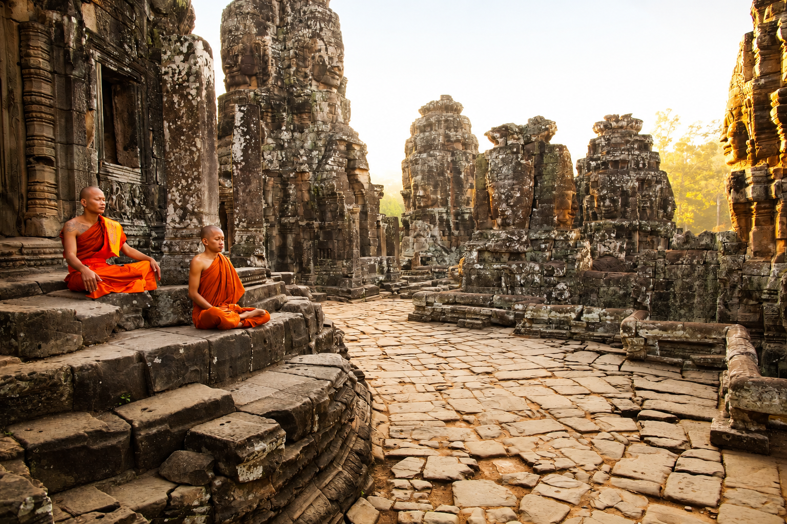 Buddhist monks among the ancient temples of Angkor